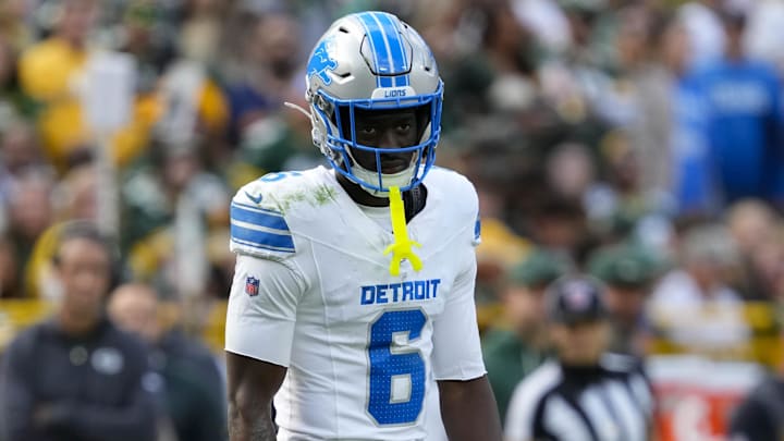 Sep 7, 2025; Green Bay, Wisconsin, USA;  Detroit Lions cornerback Terrion Arnold (6) during the game against the Green Bay Packers at Lambeau Field. Mandatory Credit: Jeff Hanisch-Imagn Images