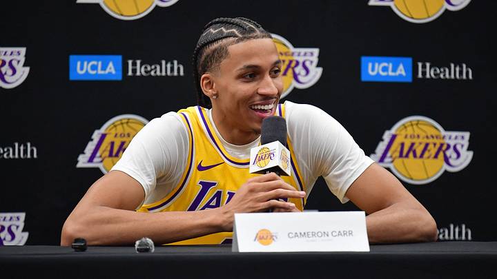 Sep 28, 2026; El Segundo, CA, USA; Los Angeles Lakers player Cameron Carr (43) during media day at UCLA Health Training Center.  Mandatory Credit: Gary A. Vasquez-Imagn Images