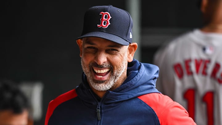 May 4, 2024; Minneapolis, Minnesota, USA; Boston Red Sox manager Alex Cora (13) looks on before the game against the Minnesota Twins at Target Field. Mandatory Credit: Jeffrey Becker-USA TODAY Sports