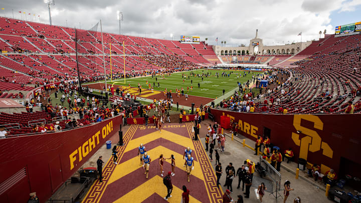 Nov 18, 2023; Los Angeles, California, USA; United Airlines Field at Los Angeles Memorial Coliseum before a game between the UCLA Bruins and USC Trojans. Mandatory Credit: Jason Parkhurst-USA TODAY Sports