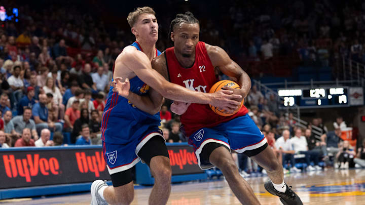 Kansas men's basketball's Darryn Peterson (22) drives to the basket during Late Night in the Phog, Friday, Oct. 17, 2025 at Allen Fieldhouse .