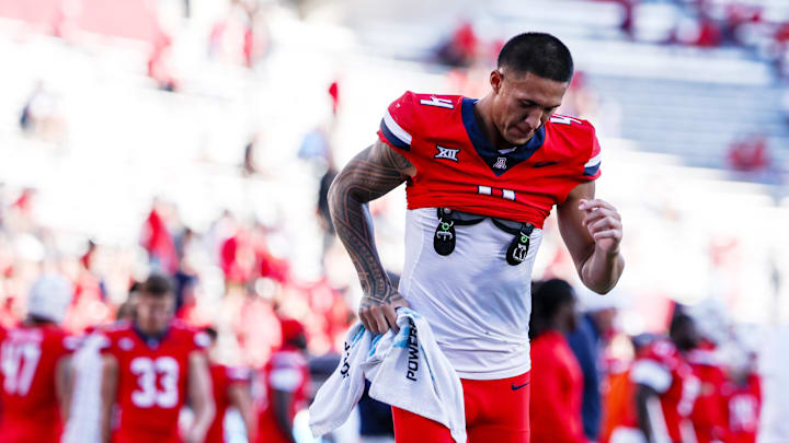 Oct 19, 2024; Tucson, Arizona, USA; Arizona Wildcats wide receiver Tetairoa McMillan (4) runs back into the locker room at the end of the fourth quarter against the Colorado Buffaloes at Arizona Stadium.
