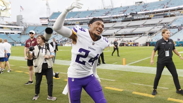 Nov 10, 2024; Jacksonville, Florida, USA; Minnesota Vikings safety Camryn Bynum (24) celebrates the win over the Jacksonville Jaguars at EverBank Stadium. Mandatory Credit: Morgan Tencza-Imagn Images