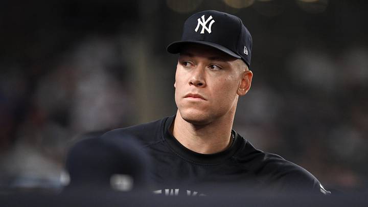 Jun 16, 2026; Bronx, New York, USA; New York Yankees outfielder Aaron Judge looks on from the dugout during the eighth inning against the Chicago White Sox at Yankee Stadium. Mandatory Credit: John Jones-Imagn Images
