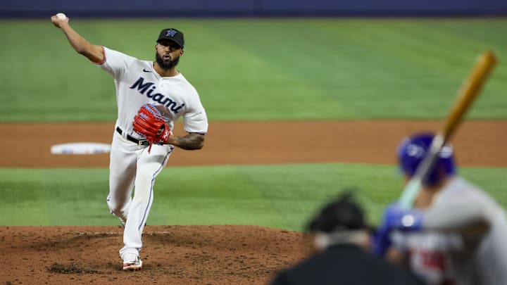 Mar 30, 2023; Miami, Florida, USA; Miami Marlins starting pitcher Sandy Alcantara (22) delivers a pitch during the fifth inning against the New York Mets at loanDepot Park.