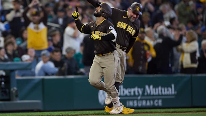 May 16, 2026; Seattle, Washington, USA; San Diego Padres catcher Rodolfo Duran (48) runs the bases after hitting a 2-run home run against the Seattle Mariners in the seventh inning at T-Mobile Park. Mandatory Credit: Richard Dizon-Imagn Images