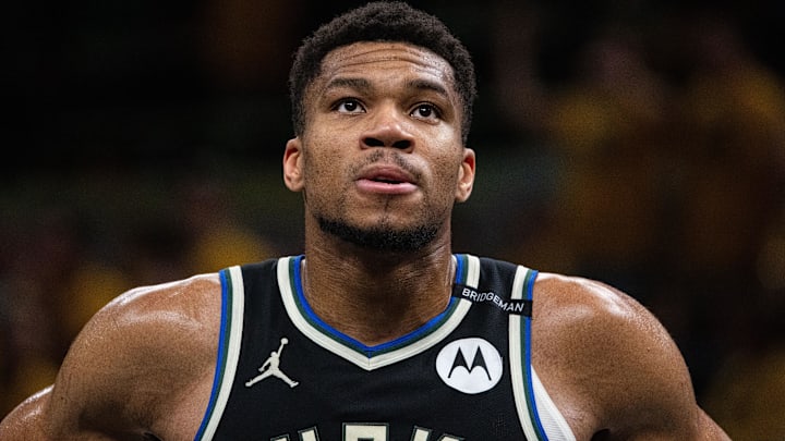 Apr 29, 2025; Indianapolis, Indiana, USA; Milwaukee Bucks forward Giannis Antetokounmpo (34) during game five of the first round for the 2024 NBA Playoffs against the Indiana Pacers at Gainbridge Fieldhouse. Mandatory Credit: Trevor Ruszkowski-Imagn Images