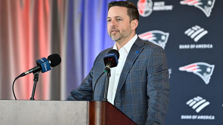 Mar 13, 2025; Foxborough, MA, USA; New England Patriots executive vice president of player personnel Eliot Wolf discusses the teamís recent free agent additions with the media at Gillette Stadium. Mar 13, 2025; Foxborough, MA, USA; New England Patriots executive vice president of player personnel Eliot Wolf discusses the teamís recent free agent additions with the media at Gillette Stadium.