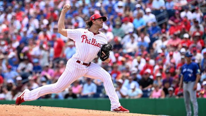 Mar 24, 2024; Clearwater, Florida, USA; Philadelphia Phillies starting pitcher Aaron Nola (27)
