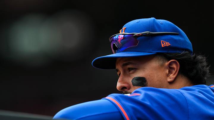 Jun 17, 2026; Cincinnati, Ohio, USA; New York Mets first baseman Mark Vientos watches from the dugout during the game against the Cincinnati Reds in the eighth inning at Great American Ball Park. Mandatory Credit: Aaron Doster-Imagn Images Jun 17, 2026; Cincinnati, Ohio, USA; New York Mets first baseman Mark Vientos watches from the dugout during the game against the Cincinnati Reds in the eighth inning at Great American Ball Park. Mandatory Credit: Aaron Doster-Imagn Images