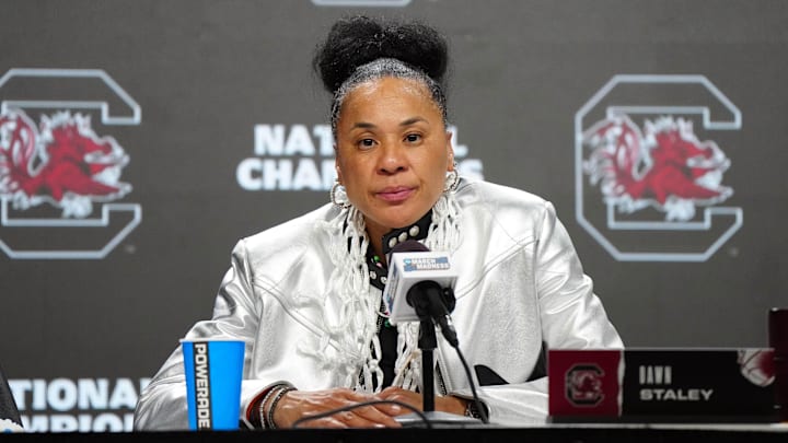 Apr 7, 2024; Cleveland, OH, USA; South Carolina Gamecocks head coach Dawn Staley speaks in a press conference after defeating the Iowa Hawkeyes in the finals of the Final Four of the womens 2024 NCAA Tournament at Rocket Mortgage FieldHouse. Mandatory Credit: Kirby Lee-Imagn Images