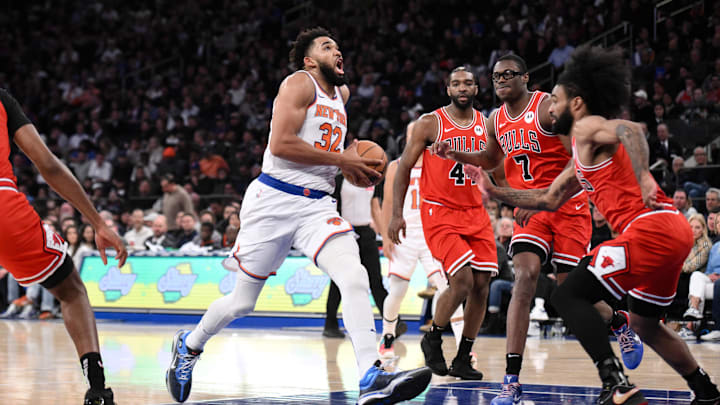 Nov 13, 2024; New York, New York, USA; New York Knicks center Karl-Anthony Towns (32) drives to the basket while being defended by Chicago Bulls forward Patrick Williams (44), forward Jalen Smith (7) and guard Coby White (0) during the first half at Madison Square Garden. Mandatory Credit: John Jones-Imagn Images Nov 13, 2024; New York, New York, USA; New York Knicks center Karl-Anthony Towns (32) drives to the basket while being defended by Chicago Bulls forward Patrick Williams (44), forward Jalen Smith (7) and guard Coby White (0) during the first half at Madison Square Garden. Mandatory Credit: John Jones-Imagn Images