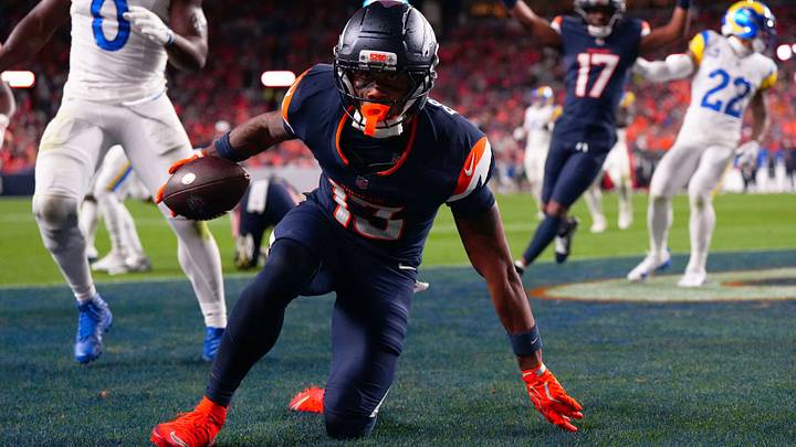 Sep 27, 2026; Denver, Colorado, USA; Denver Broncos wide receiver Pat Bryant (13) scores a touchdown against the Los Angeles Rams during the second half at Empower Field at Mile High. Mandatory Credit: Ron Chenoy-Imagn Images Sep 27, 2026; Denver, Colorado, USA; Denver Broncos wide receiver Pat Bryant (13) scores a touchdown against the Los Angeles Rams during the second half at Empower Field at Mile High. Mandatory Credit: Ron Chenoy-Imagn Images