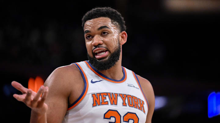 Oct 9, 2025; New York, New York, USA; New York Knicks center/forward Karl-Anthony Towns (32) reacts during the first half against the Minnesota Timberwolves at Madison Square Garden. Mandatory Credit: John Jones-Imagn Images