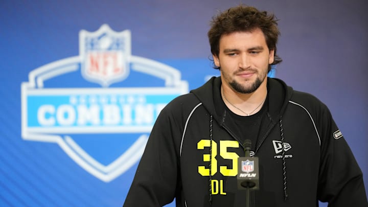 Feb 25, 2026; Indianapolis, IN, USA; Ohio State defensive lineman Caden Curry (DL35) speaks during the NFL Scouting Combine at the Indiana Convention Center.