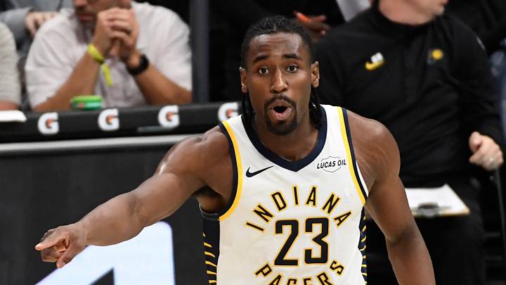 Jan 8, 2026; Charlotte, North Carolina, USA;  Indiana Pacers forward Aaron Nesmith (23) reacts after being called on a foul during the second half against the Charlotte Hornets at the Spectrum Center. Mandatory Credit: Sam Sharpe-Imagn Images