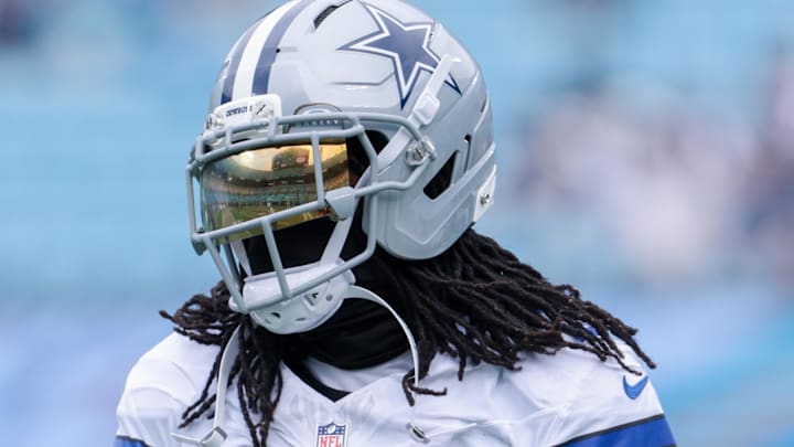 Oct 12, 2025; Charlotte, North Carolina, USA; Dallas Cowboys cornerback Trevon Diggs (7) warms up before the game against the Carolina Panthers at Bank of America Stadium. Oct 12, 2025; Charlotte, North Carolina, USA; Dallas Cowboys cornerback Trevon Diggs (7) warms up before the game against the Carolina Panthers at Bank of America Stadium.