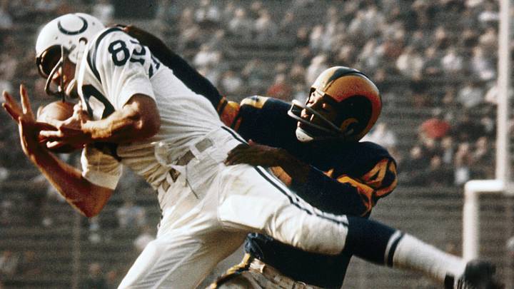 Unknown date; Los Angeles, CA, USA; FILE PHOTO; Baltimore Colts receiver Raymond Berry (82) catches a pass as he is defended by Los Angeles Rams defensive back Carver Shannon (47) at the Los Angeles Coliseum. Mandatory Credit: Darryl Norenberg-Imagn Images Unknown date; Los Angeles, CA, USA; FILE PHOTO; Baltimore Colts receiver Raymond Berry (82) catches a pass as he is defended by Los Angeles Rams defensive back Carver Shannon (47) at the Los Angeles Coliseum. Mandatory Credit: Darryl Norenberg-Imagn Images