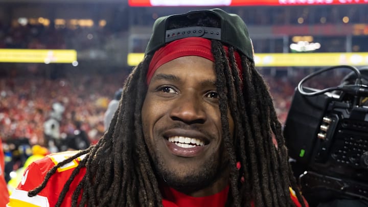Jan 26, 2025; Kansas City, MO, USA; Kansas City Chiefs linebacker Nick Bolton (32) celebrates after defeating the Buffalo Bills in the AFC Championship game at GEHA Field at Arrowhead Stadium. Mandatory Credit: Mark J. Rebilas-Imagn Images