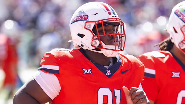 Oct 19, 2024; Tucson, Arizona, USA; Arizona Wildcats defensive lineman Isaiah Johnson (91) against the Colorado Buffalos at Arizona Stadium. Mandatory Credit: Mark J. Rebilas-Imagn Images
