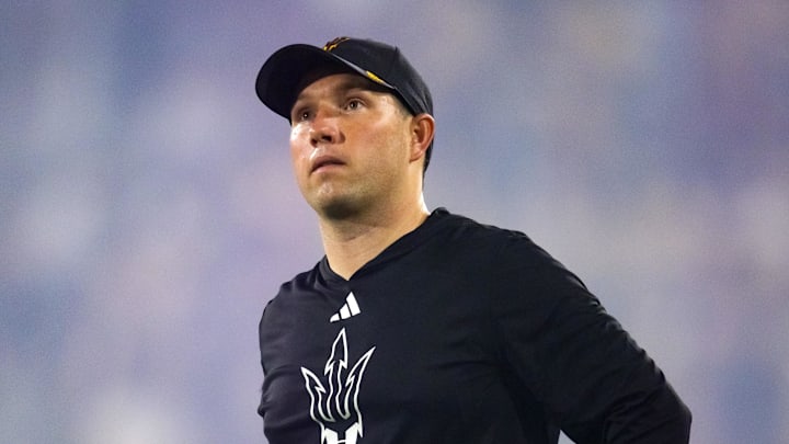 Oct 5, 2024; Tempe, Arizona, USA; Arizona State Sun Devils head coach Kenny Dillingham against the Kansas Jayhawks at Mountain America Stadium. Mandatory Credit: Mark J. Rebilas-Imagn Images Oct 5, 2024; Tempe, Arizona, USA; Arizona State Sun Devils head coach Kenny Dillingham against the Kansas Jayhawks at Mountain America Stadium. Mandatory Credit: Mark J. Rebilas-Imagn Images