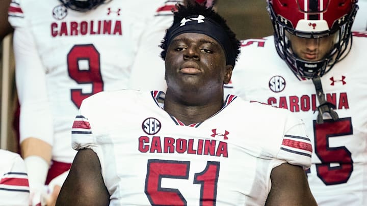 South Carolina Gamecocks offensive lineman Tree Babalade (51) takes the field for the second half against the Missouri Tigers at Faurot Field at Memorial Stadium. South Carolina Gamecocks offensive lineman Tree Babalade (51) takes the field for the second half against the Missouri Tigers at Faurot Field at Memorial Stadium.