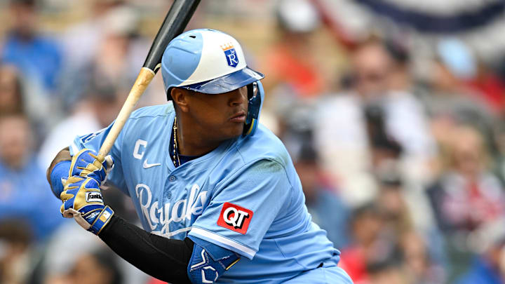 Kansas City Royals Catcher Salvador Perez loads up for his swing against the Minnesota Twins