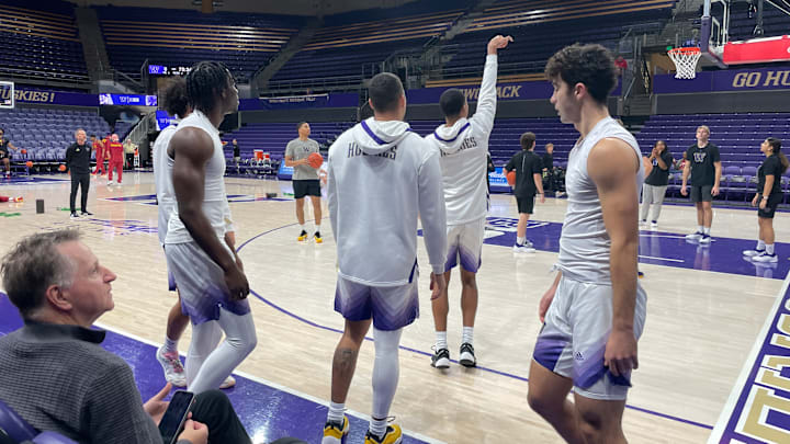 The Husky basketball team goes through pregame shooting before facing USC. The Husky basketball team goes through pregame shooting before facing USC.