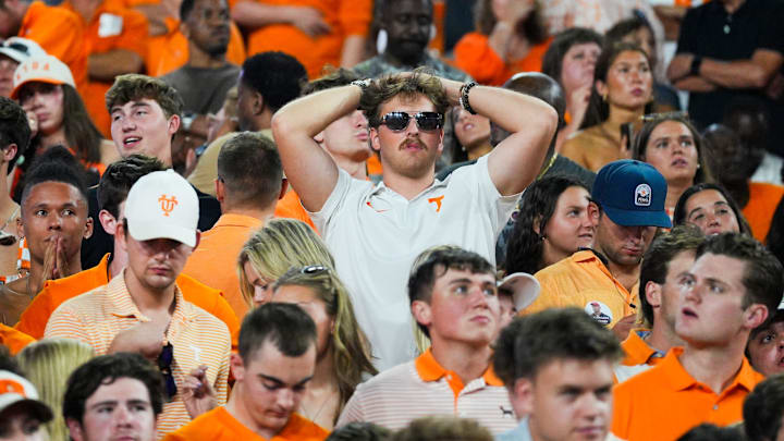 Tennessee fans show frustration during a college football game between Tennessee and Alabama at Bryant-Denny Stadium in Tuscaloosa, Ala., on Oct. 18, 2025.