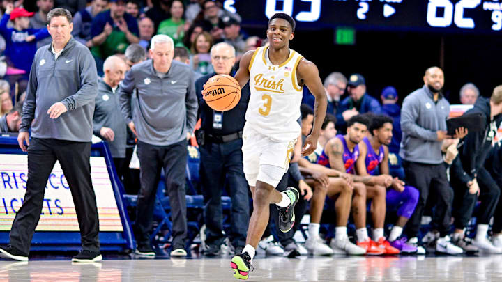 Mar 2, 2024; South Bend, Indiana, USA; Notre Dame Fighting Irish guard Markus Burton (3) dribbles as