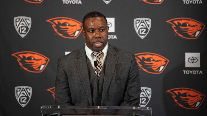 Oregon State head coach JaMarcus Shephard speaks during his introductory press conference at Reser Stadium on Tuesday, Dec. 2, 2025, in Corvallis, Ore.