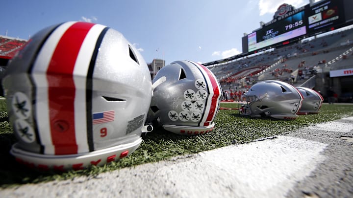 Sep 18, 2021; Columbus, Ohio, USA; Ohio State Buckeyes helmets before the game against the Tulsa Golden Hurricane at Ohio Stadium. Mandatory Credit: Joseph Maiorana-Imagn Images