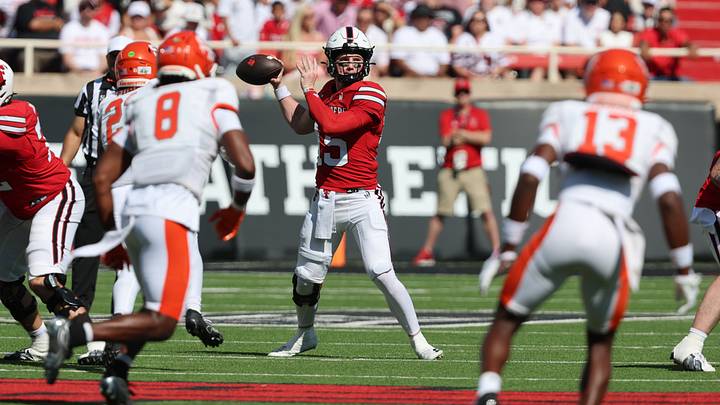 Sep 26, 2026; Lubbock, Texas, USA;  Texas Tech Red Raiders quarterback Will Hammond (15) passes against the Sam Houston Bearkats in the first half at Galaxy Stadium.  Mandatory Credit: Michael C. Johnson-Imagn Images