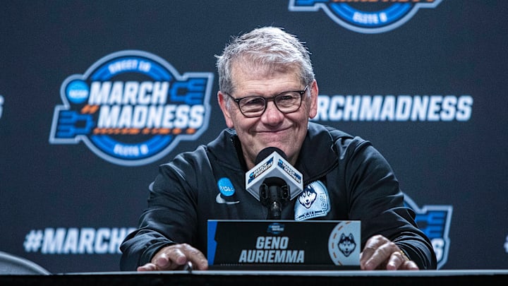 UConn head coach Geno Auriemma on the podium to answer media questions on April 1, 2024. UConn head coach Geno Auriemma on the podium to answer media questions on April 1, 2024.