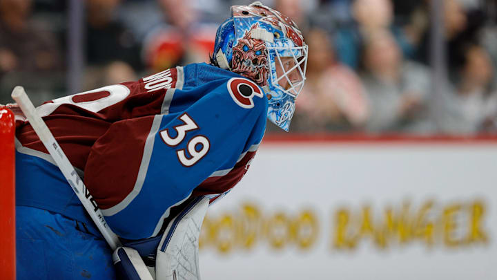Dec 11, 2025; Denver, Colorado, USA; Colorado Avalanche goaltender Mackenzie Blackwood (39) in the first period against the Florida Panthers at Ball Arena. Mandatory Credit: Isaiah J. Downing-Imagn Images