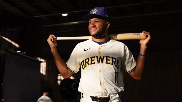 Feb 22, 2024; Phoenix, AZ, USA; Milwaukee Brewers outfielder Jackson Chourio poses for a portrait