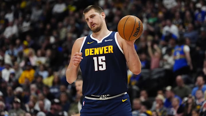 Apr 6, 2025; Denver, Colorado, USA; Denver Nuggets center Nikola Jokic (15) during the second quarter against the Indiana Pacers at Ball Arena. Mandatory Credit: Ron Chenoy-Imagn Images
