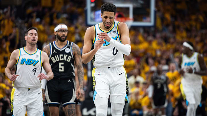 Apr 29, 2025; Indianapolis, Indiana, USA; Indiana Pacers guard Tyrese Haliburton (0) reacts to a missed shot during game five of the first round for the 2024 NBA Playoffs against the Milwaukee Bucks at Gainbridge Fieldhouse. Mandatory Credit: Trevor Ruszkowski-Imagn Images