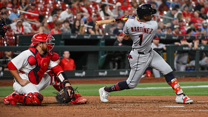 Apr 13, 2026: Cleveland Guardians right fielder Angel Martínez (1) hits a single against the St. Louis Cardinals during the fifth inning at Busch Stadium. 