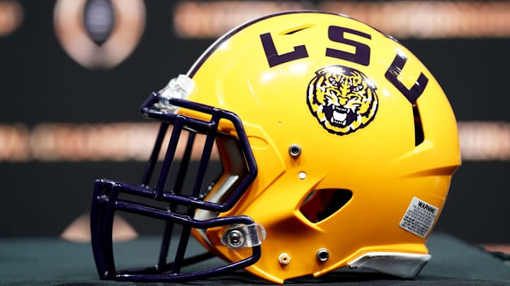 Jan 12, 2020; New Orleans, Louisiana, USA; An LSU Tigers helmet on display before the head coaches press conference for the CFP with LSU Tigers head coach Ed Orgeron and Clemson Tigers head coach Dabo Swinney at the Sheraton New Orleans, Grand Ballroom. Mandatory Credit: John David Mercer-USA TODAY Sports
