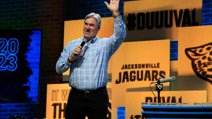 Jacksonville Jaguars head coach Doug Pederson waves after an interview during an NFL Draft watch.