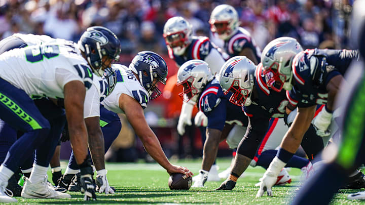 Sep 15, 2024; Foxborough, Massachusetts, USA; The New England Patriots and Seattle Seahawks line up in the second half at Gillette Stadium.