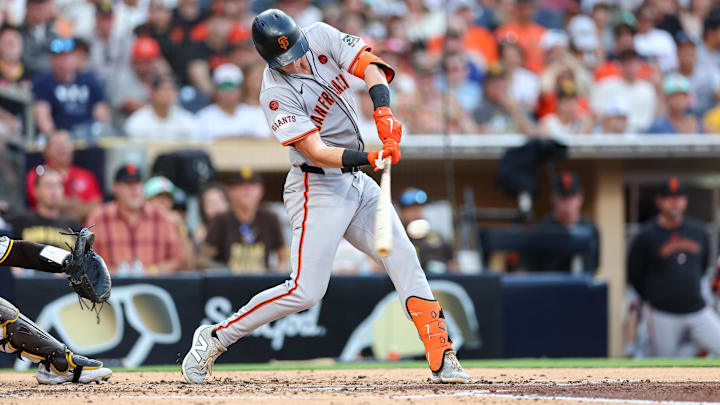 Sep 7, 2024; San Diego, California, USA; San Francisco Giants shortstop Tyler Fitzgerald (49) singles in the fourth inning against the San Diego Padres at Petco Park. Sep 7, 2024; San Diego, California, USA; San Francisco Giants shortstop Tyler Fitzgerald (49) singles in the fourth inning against the San Diego Padres at Petco Park.