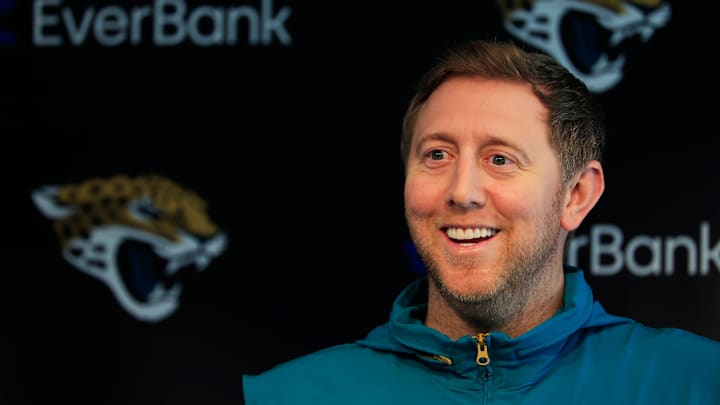 Jacksonville Jaguars head coach Liam Coen speaks during a press conference at Miller Electric Center Wednesday, April 9, 2025 in Jacksonville, Fla. [Corey Perrine/Florida Times-Union]