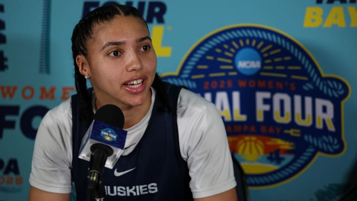 UConn Huskies guard Azzi Fudd (35) talks to media before the NCAA Woman’s Final practice at Amalie Arena.