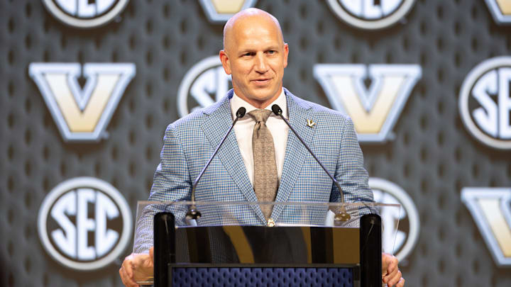 Vanderbilt head coach Clark Lea speaking at Omni Dallas Hotel. Vanderbilt head coach Clark Lea speaking at Omni Dallas Hotel.