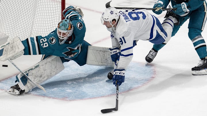 Jan 6, 2024; San Jose, California, USA; San Jose Sharks goaltender Mackenzie Blackwood (29) cannot