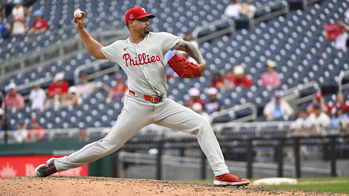 Aug 17, 2025; Washington, District of Columbia, USA; Philadelphia Phillies relief pitcher Jhoan Duran (59) throws to the Washington Nationals during the ninth inning at Nationals Park. Mandatory Credit: Brad Mills-Imagn Images Aug 17, 2025; Washington, District of Columbia, USA; Philadelphia Phillies relief pitcher Jhoan Duran (59) throws to the Washington Nationals during the ninth inning at Nationals Park. Mandatory Credit: Brad Mills-Imagn Images