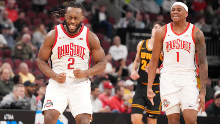 Mar 12, 2026; Chicago, IL, USA; Ohio State Buckeyes guard Bruce Thornton (2) reacts after making a three point basket against the Iowa Hawkeyes during the second half at United Center. Mandatory Credit: David Banks-Imagn Images Mar 12, 2026; Chicago, IL, USA; Ohio State Buckeyes guard Bruce Thornton (2) reacts after making a three point basket against the Iowa Hawkeyes during the second half at United Center. Mandatory Credit: David Banks-Imagn Images