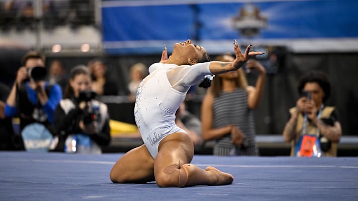 Apr 19, 2025; Fort Worth, TX, USA; UCLA Bruins gymnast Jordan Chiles performs on floor exercise during the 2025 Women's National Gymnastics Championship at Dickies Arena. Mandatory Credit: Jerome Miron-Imagn Images